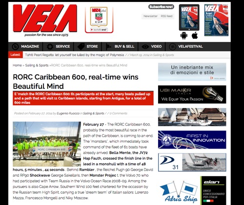 Vela Magazine (Italy) February 2014: RORC Caribbean 600, real-time wins Beautiful Mind