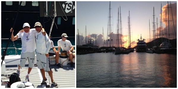 (LEFT) Owner/Driver Hap Fauth with Boat Captain Peter Henderson before practice today (RIGHT) Antigua harbor at dusk after day one of practice  (LEFT) Owner/Driver Hap Fauth with Boat Captain Peter Henderson before practice today (RIGHT) Antigua harbor at dusk after day one of practice